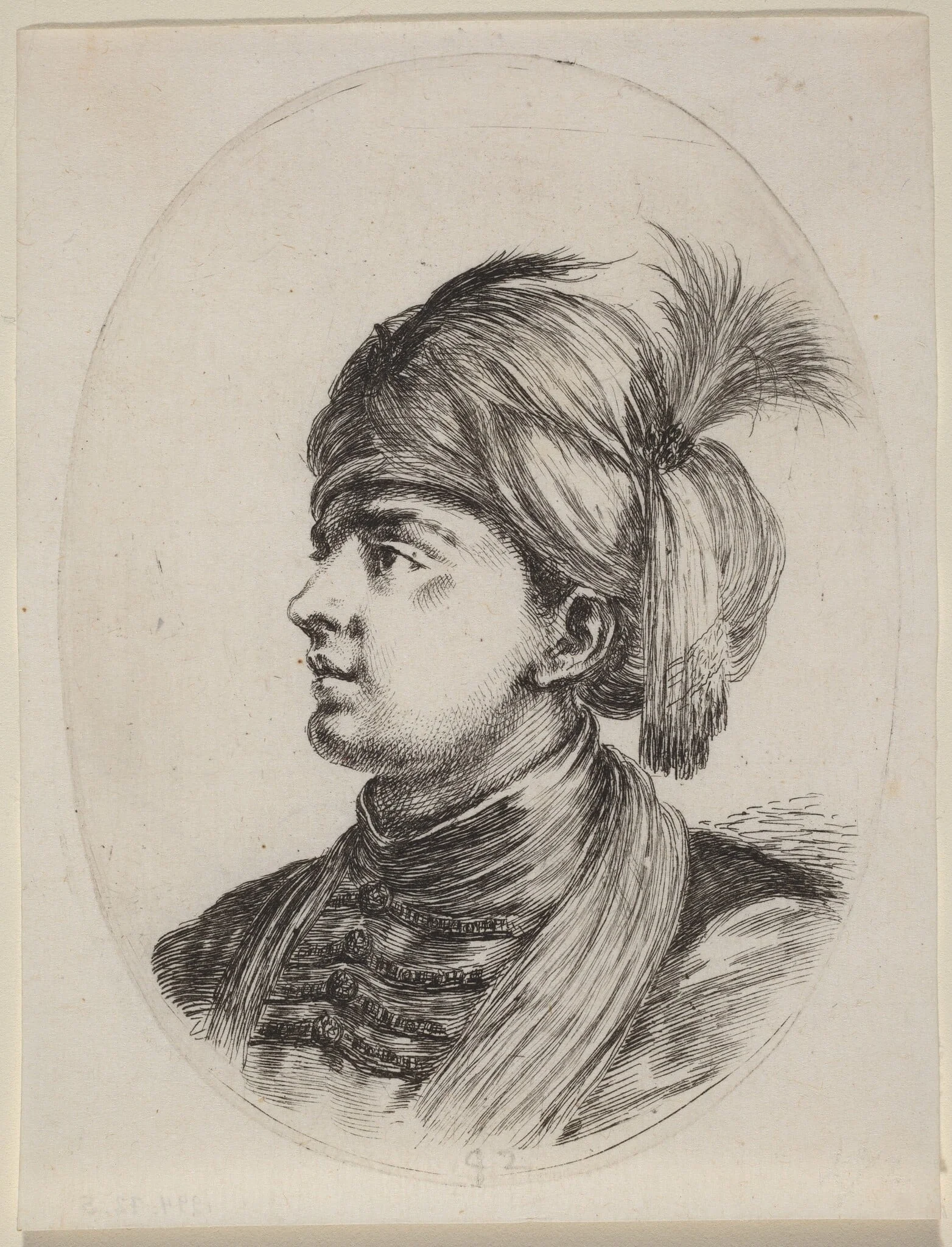 Young Moor in a Feathered Turban, Turned to the Left, by Stefano Della Bella, ink, 1650