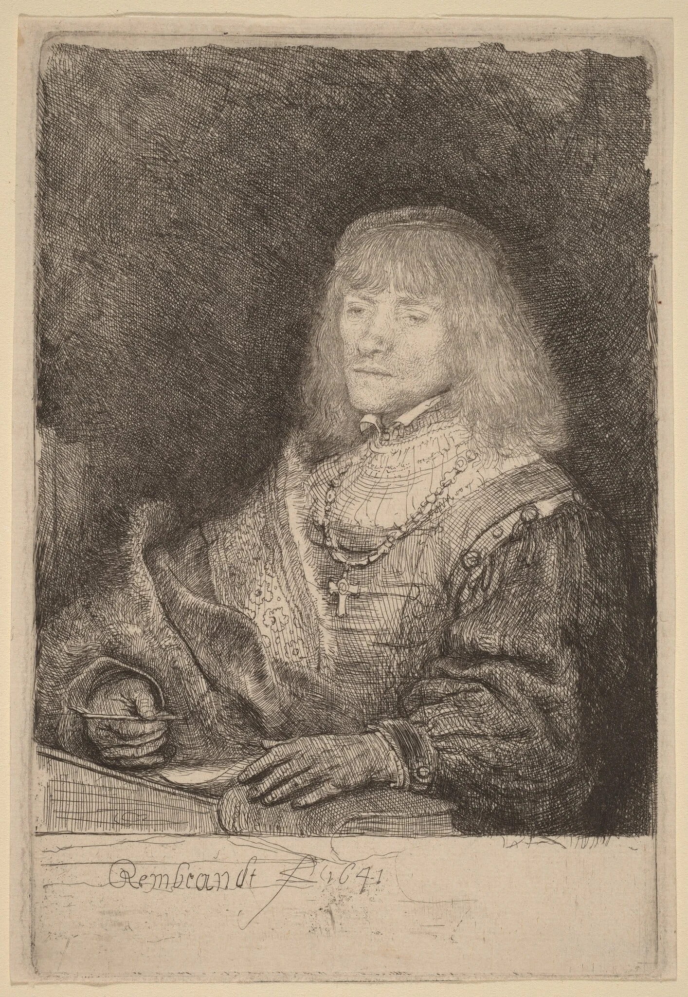 Man at a Desk Wearing a Cross and Chain, by Rembrandt, ink, 1641