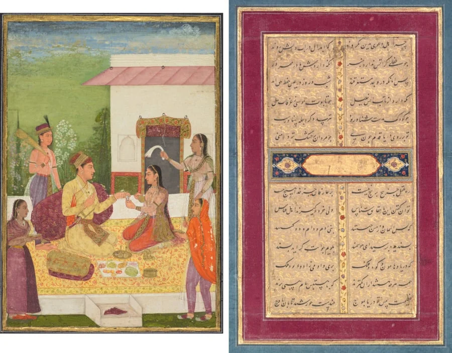 A prince conversing with a woman while taking refreshments on a terrace (recto); Calligraphy (verso), by Unknown, unspecified, 1715