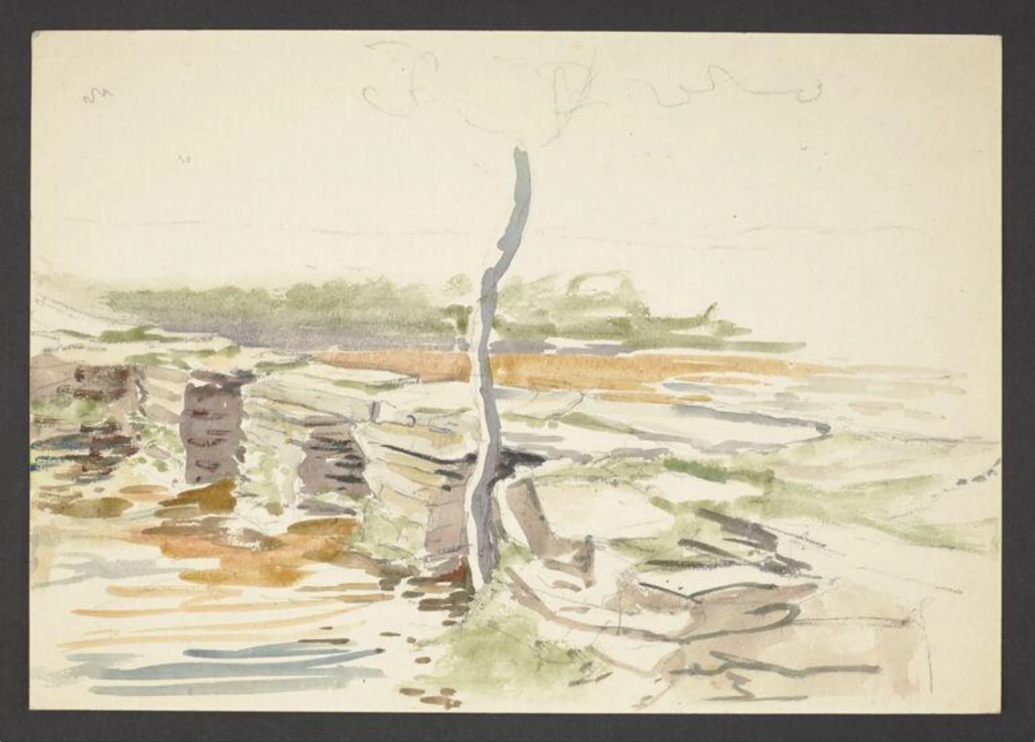 A river traversed by stone piles forming a bridge, by Beatrix Potter, watercolor, 1906