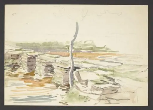 A river traversed by stone piles forming a bridge