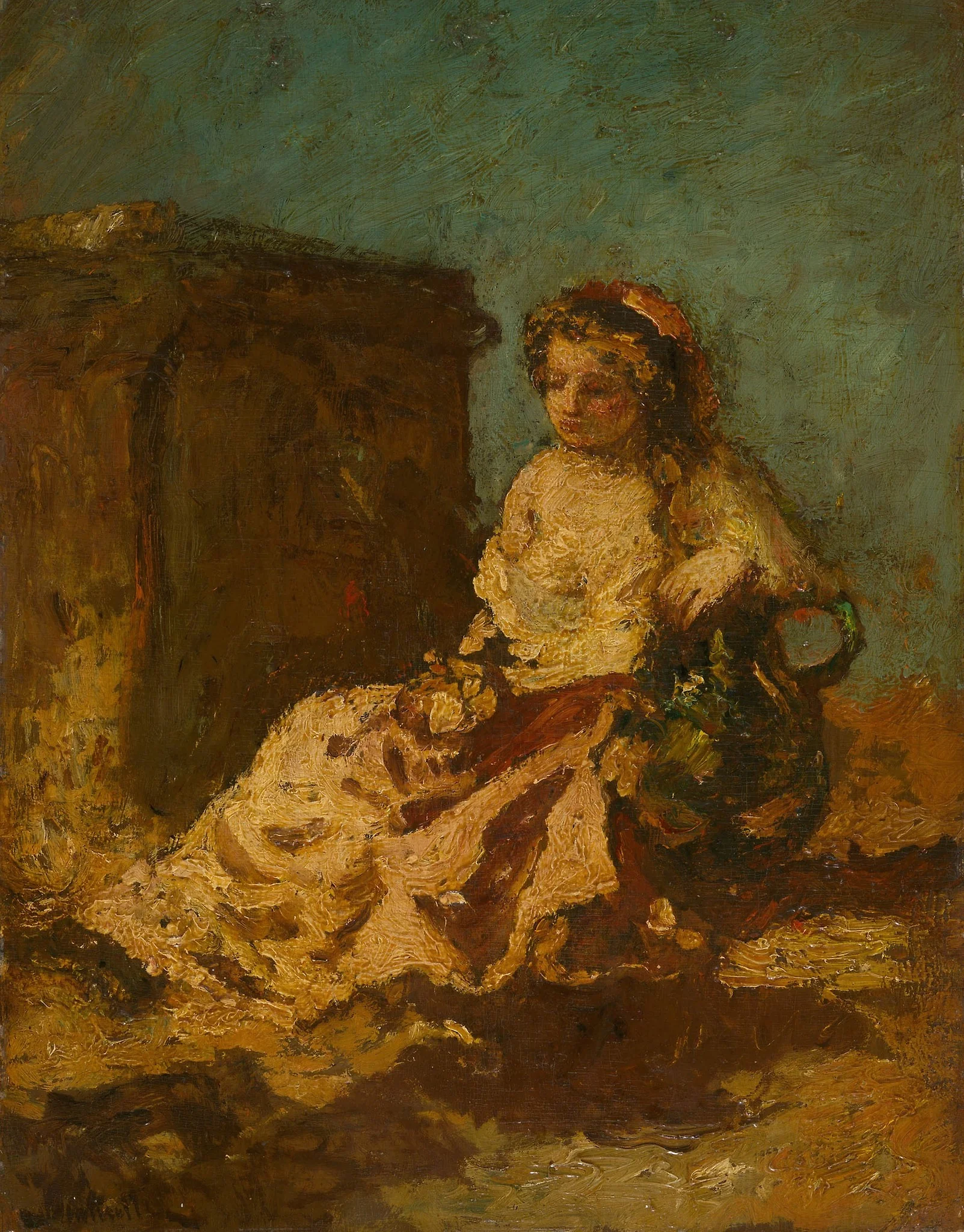 Meditation (Seated Woman), by Adolphe Joseph Thomas Monticelli, oil, 1888