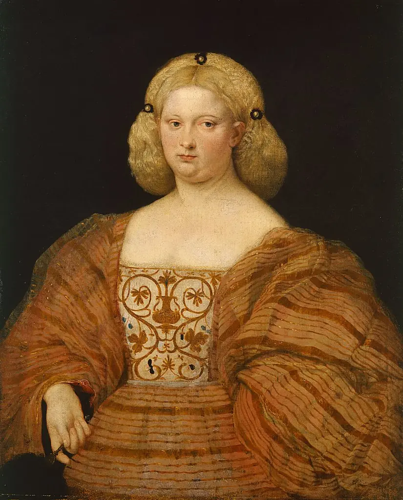 Portrait of a woman in a striped dress and holding a fan