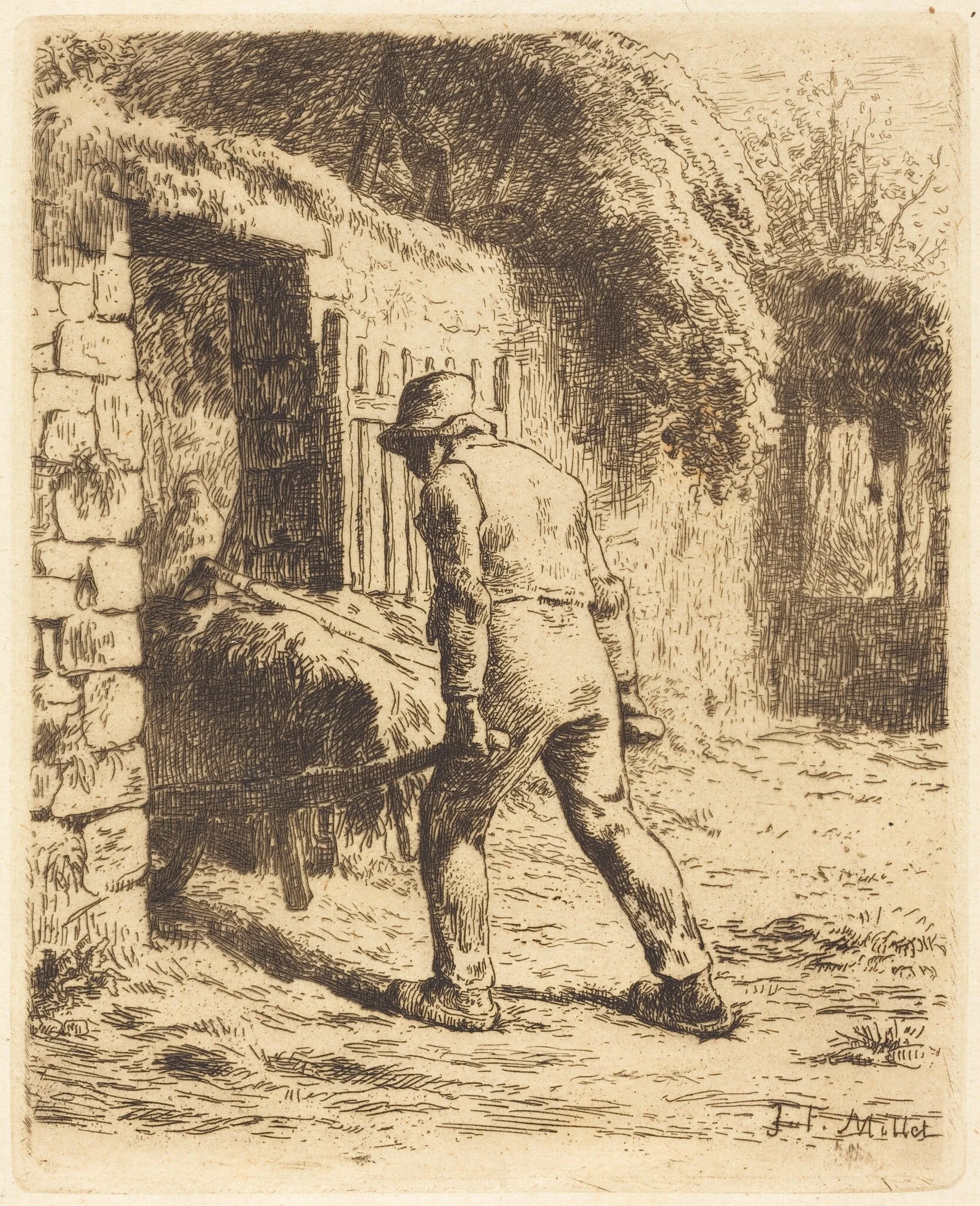 Man with Wheelbarrow (Le paysan rentrant du fumier), by Jean François Millet, ink, 1855