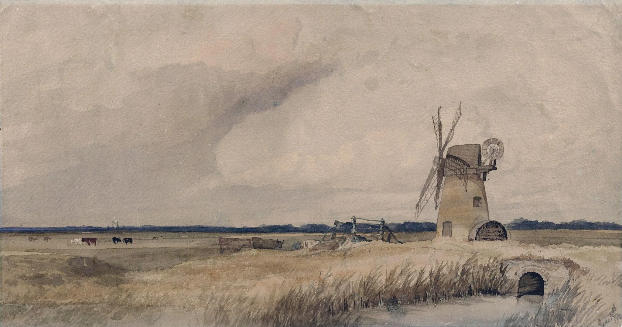 Landscape with windmill, stream and cattle