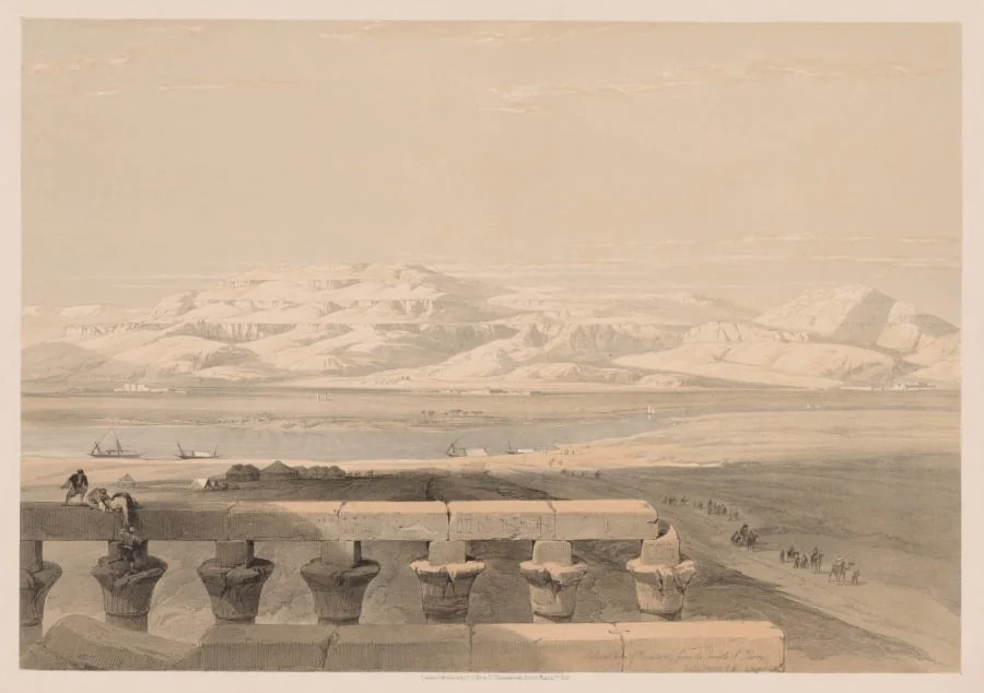 Egypt and Nubia:  Volume I - No. 30, Lybian Chain of Mountains from the Temple of Luxor, by Louis Haghe, 1838