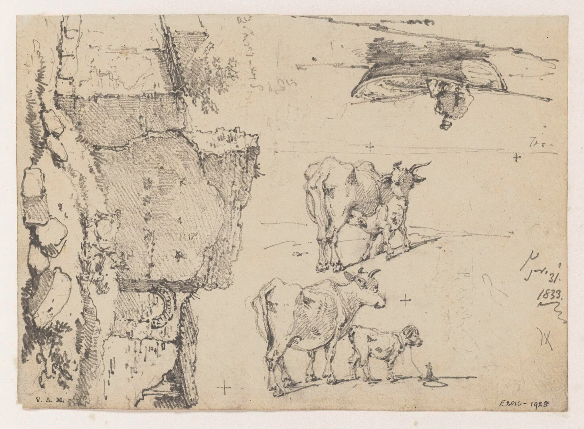 A ruined building, cattle, and a figure in a boat, by George Chinnery, 1833