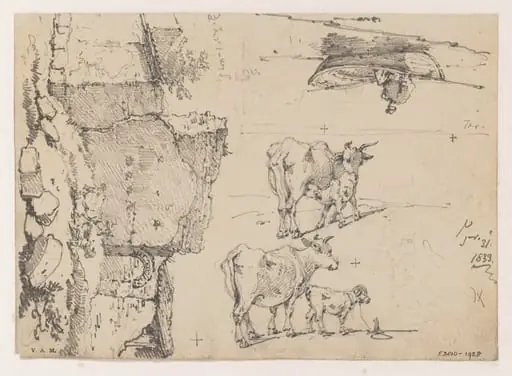 A ruined building, cattle, and a figure in a boat