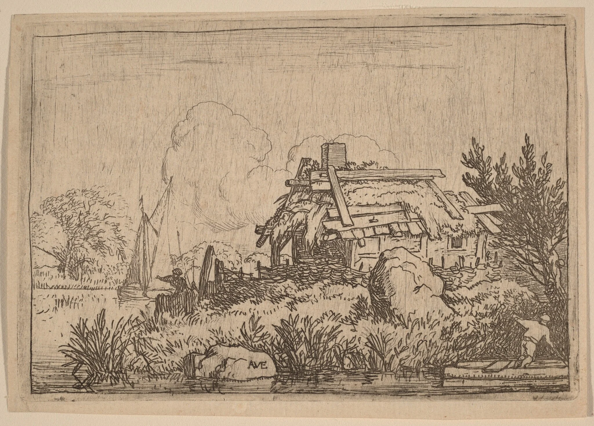 Ruined Cottage, Surrounded by Water, by Allart van Everdingen, ink, 1650