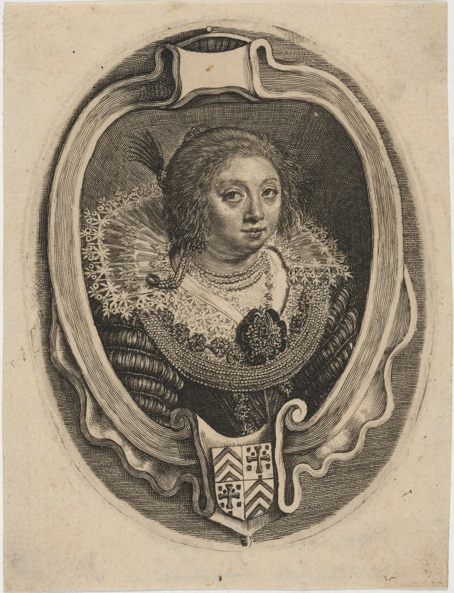 Portrait of a Woman in an Oval with Coat of Arms, by Unknown 19th Century, ink, 1850
