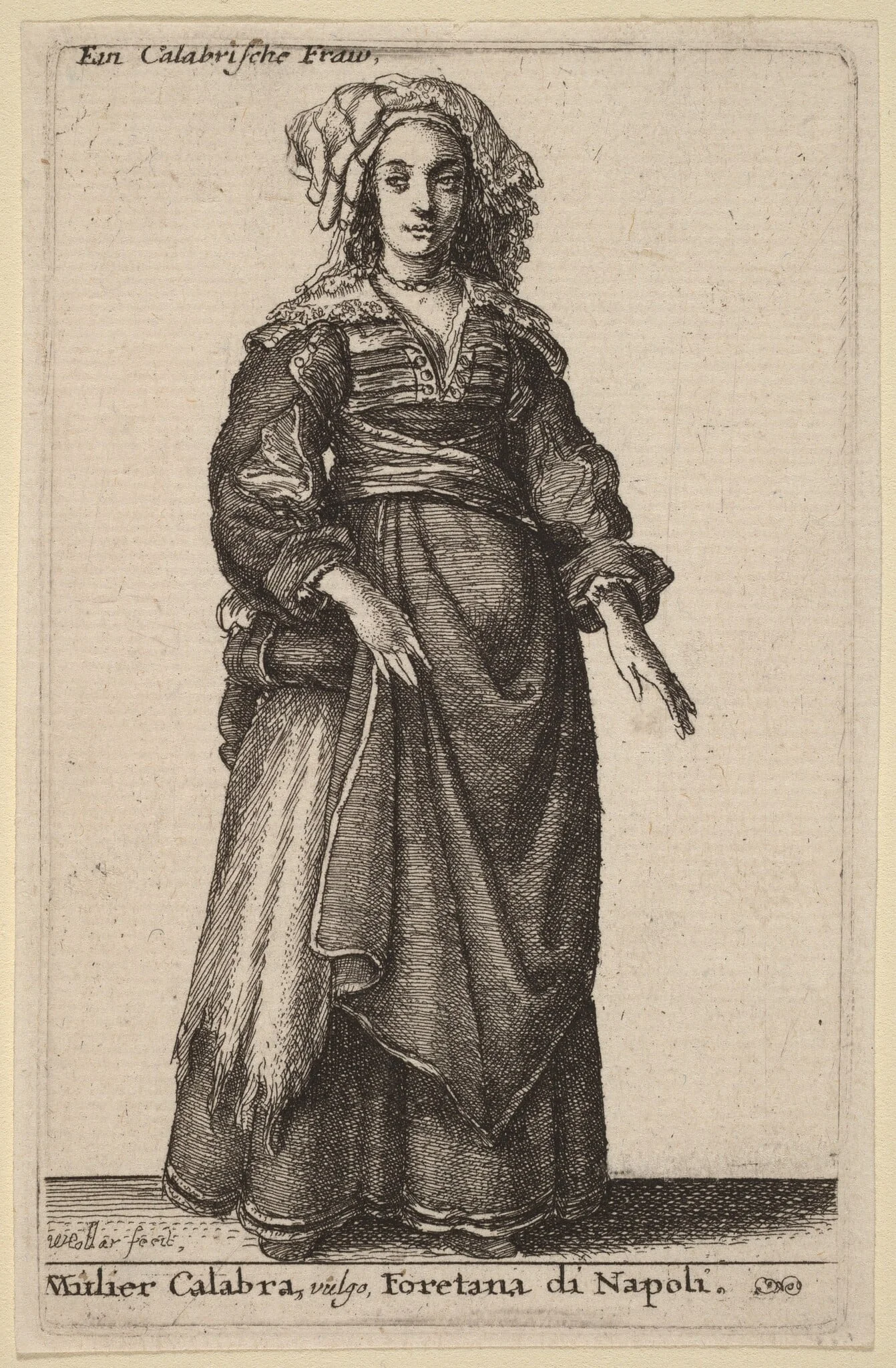 Mulier Calabra, Vulgo, Foretana di Napoli, by Wenceslaus Hollar, ink, 1647