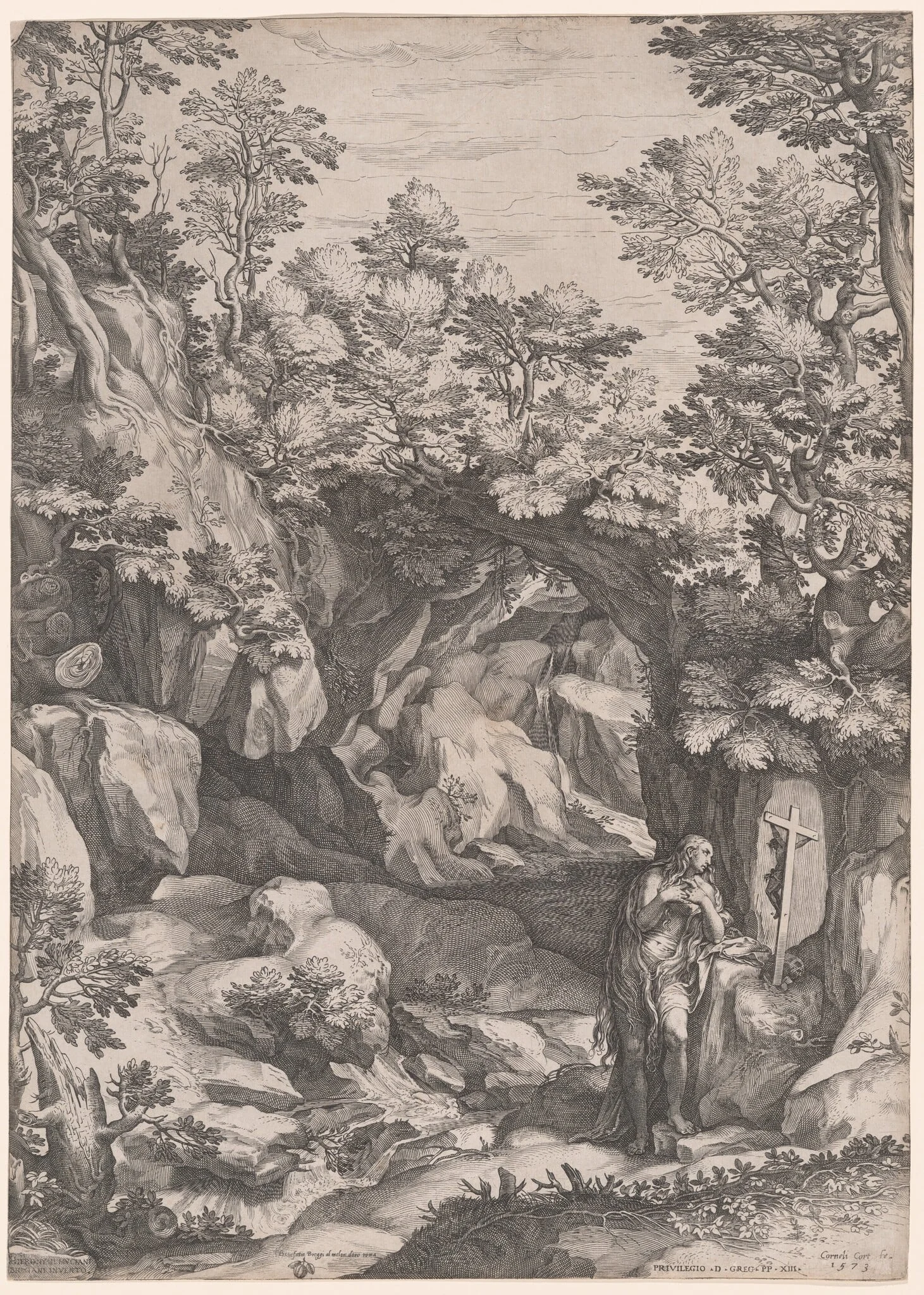 Landscape with a Penitent Magdalene, by Cornelis Cort, ink, 1573
