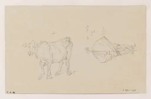 Drawings of a cow and a standing figure