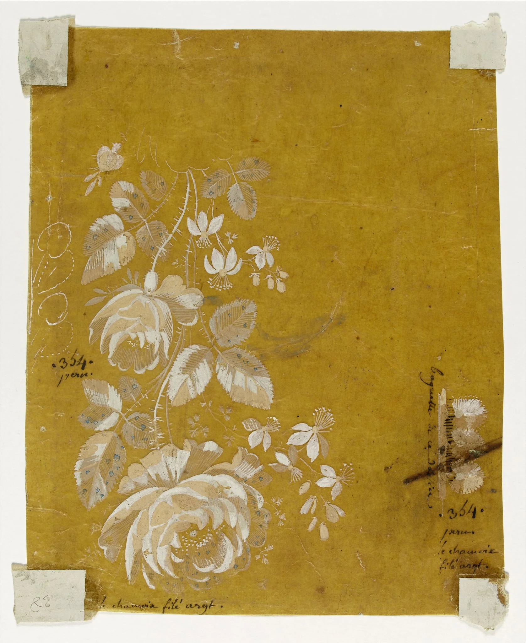 Bouquet de roses blanches pour étoffe, projets de broderies de gilet, XVIIIème siècle