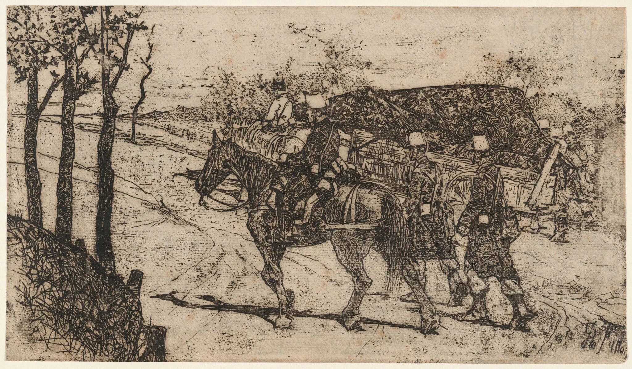 a) Artillery on Mission (recto); b) Artillery on Mission (verso) (Artiglieria da campagna), by Giovanni Fattori, ink, 1896