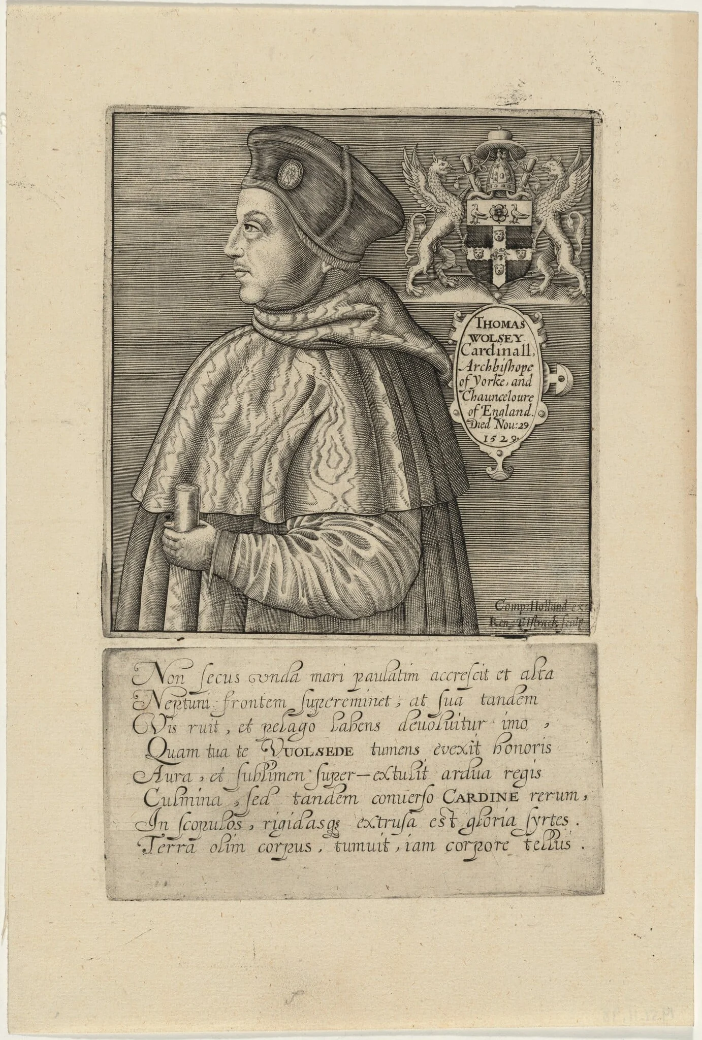 Thomas Wolsey, Cardinal Archbishop of York, by Renold Elstrack, ink, 1598