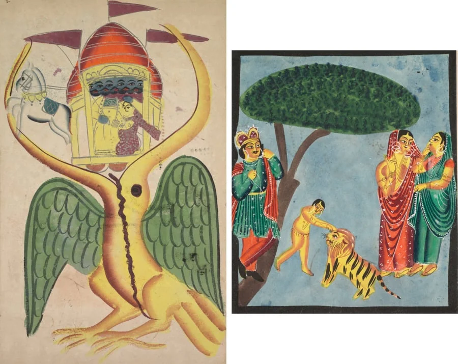 Leaf from a Kalighat album: Jatayu hinders Ravana’s chariot, trying to prevent the abduction of Sita (recto); Dushyanta watching his son Bharat playing with the tiger at the end of the Abhijnanashakuntalam (verso), by Unknown, unspecified, 1890