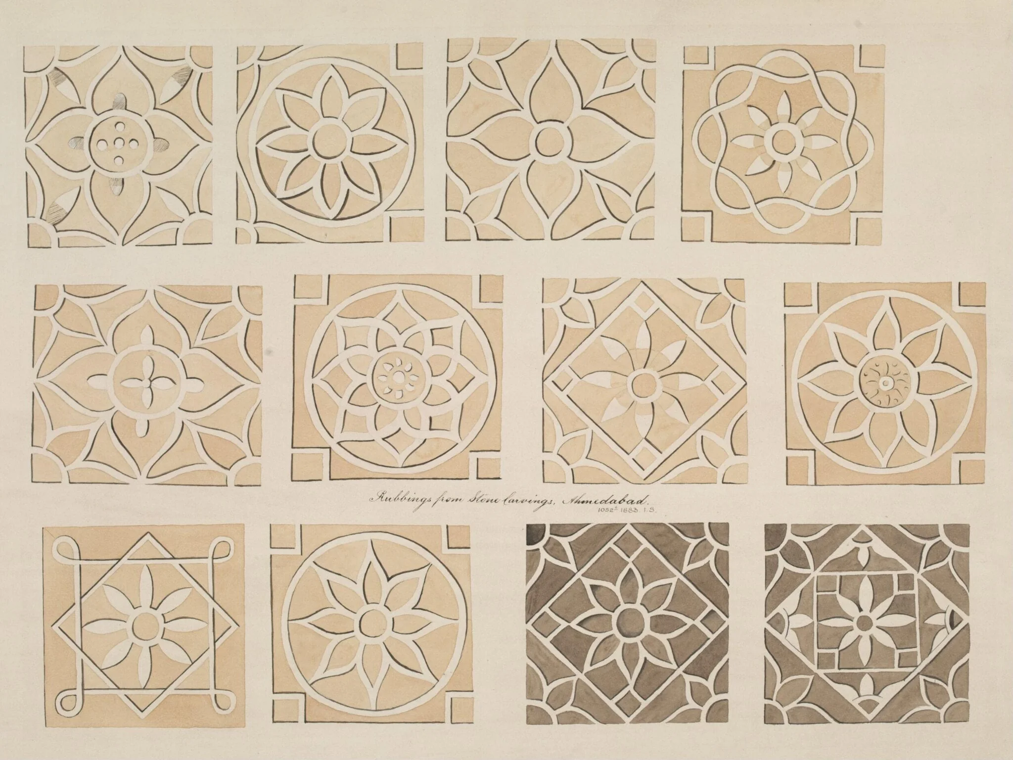 One of thirty drawings of details of architectural stone and mother-of pearl ornament taken from rubbings and moulds of monuments in Ahmedabad, the capital seat of the Ahmad, Shahi dynasty.