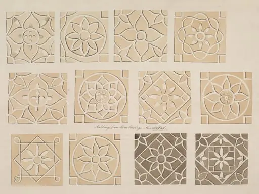 One of thirty drawings of details of architectural stone and mother-of pearl ornament taken from rubbings and moulds of monuments in Ahmedabad, the capital seat of the Ahmad, Shahi dynasty.