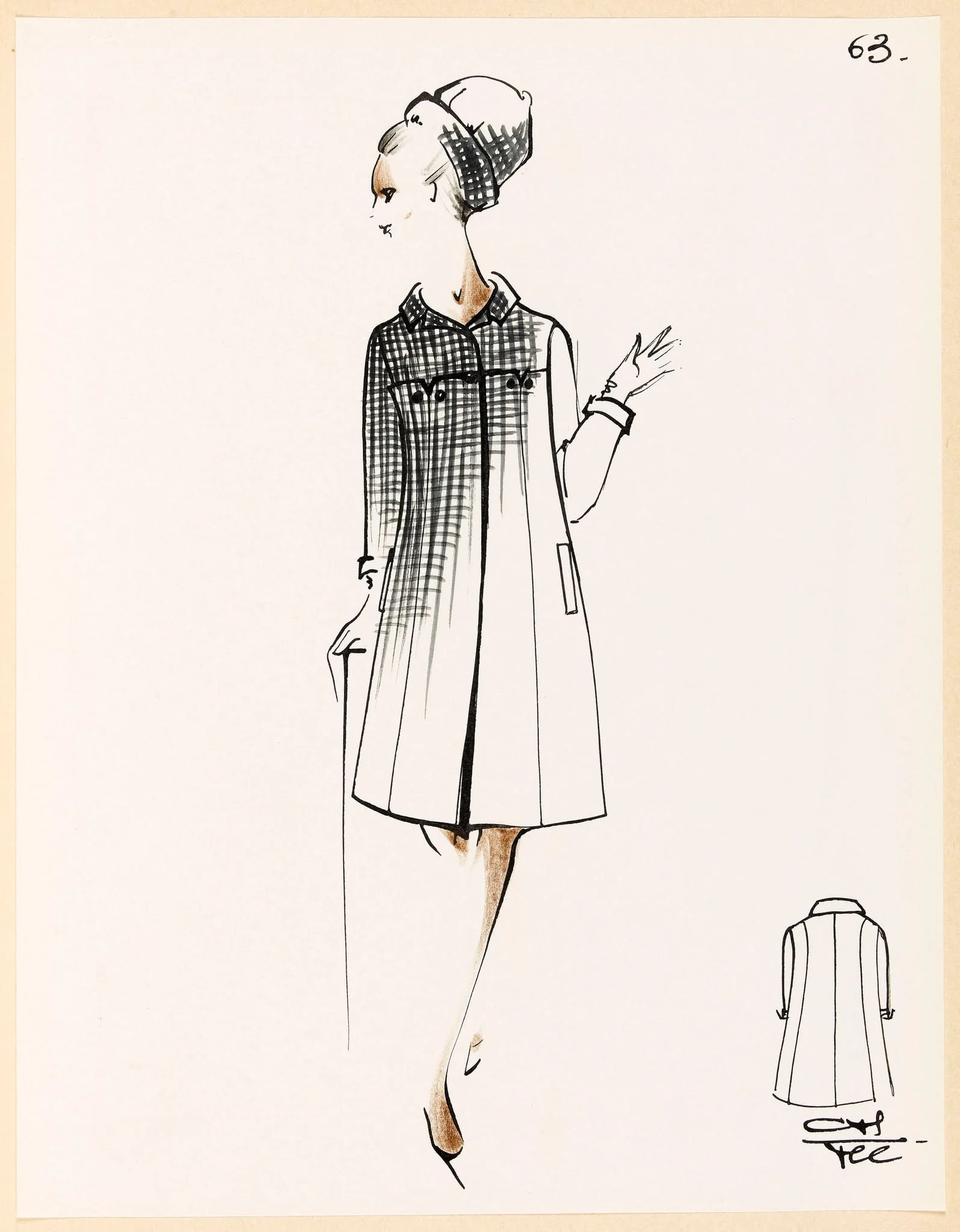 Manteau à petits carreaux noir et blanc et chapeau assorti, by Carven, 1967