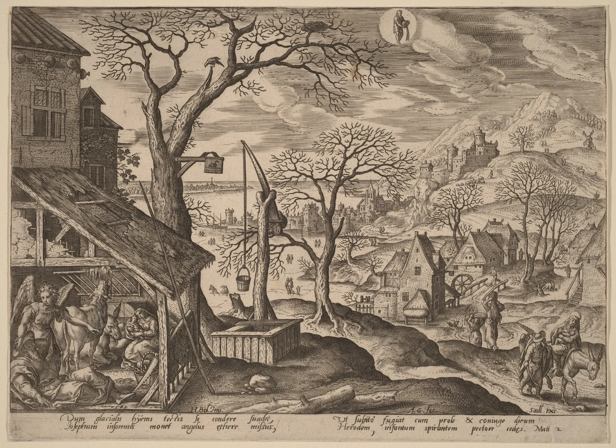 The Angel Telling Joseph to Flee and the Flight into Egypt, by Adriaen Collaert, ink, 1585