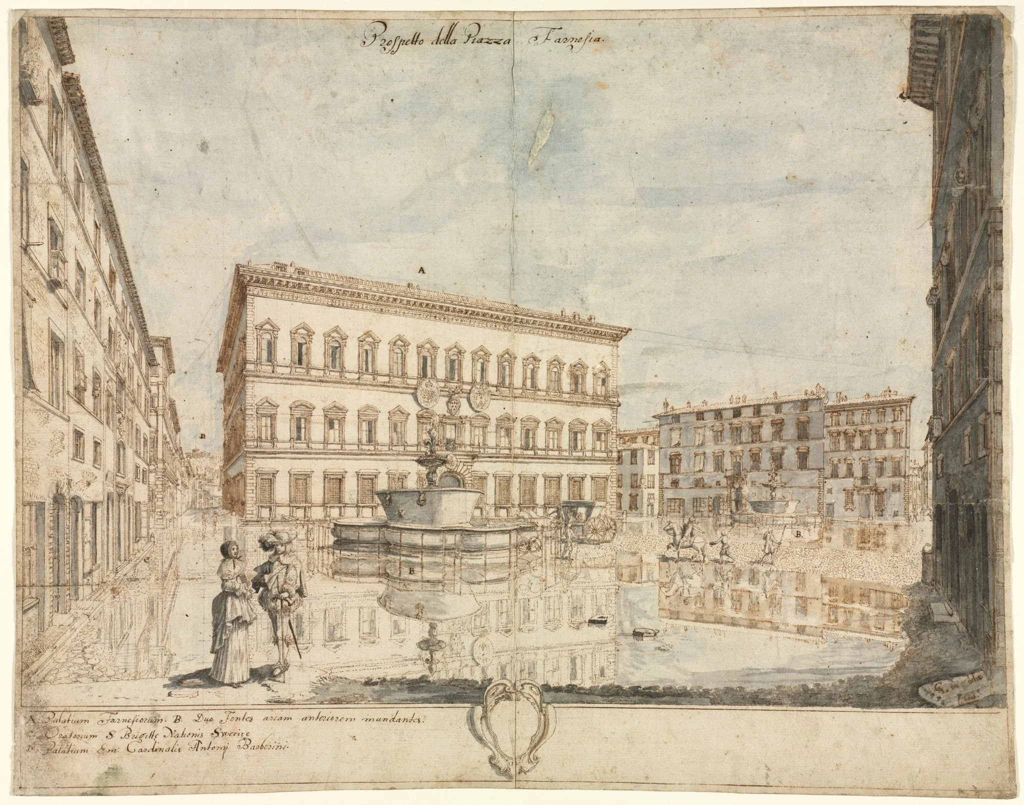 Eighteen Views of Rome: The Piazza Farnese (recto), by Lievin Cruyl, 1664