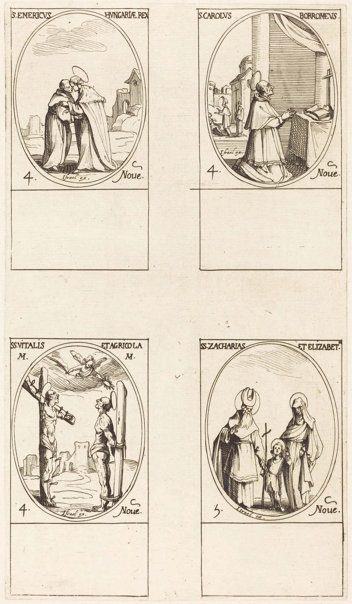 St. Emeric; St. Charles Borromeo; St. Vitalis & Agricola; Sts. Zachary & Elizabeth, by Jacques Callot, ink, 1634