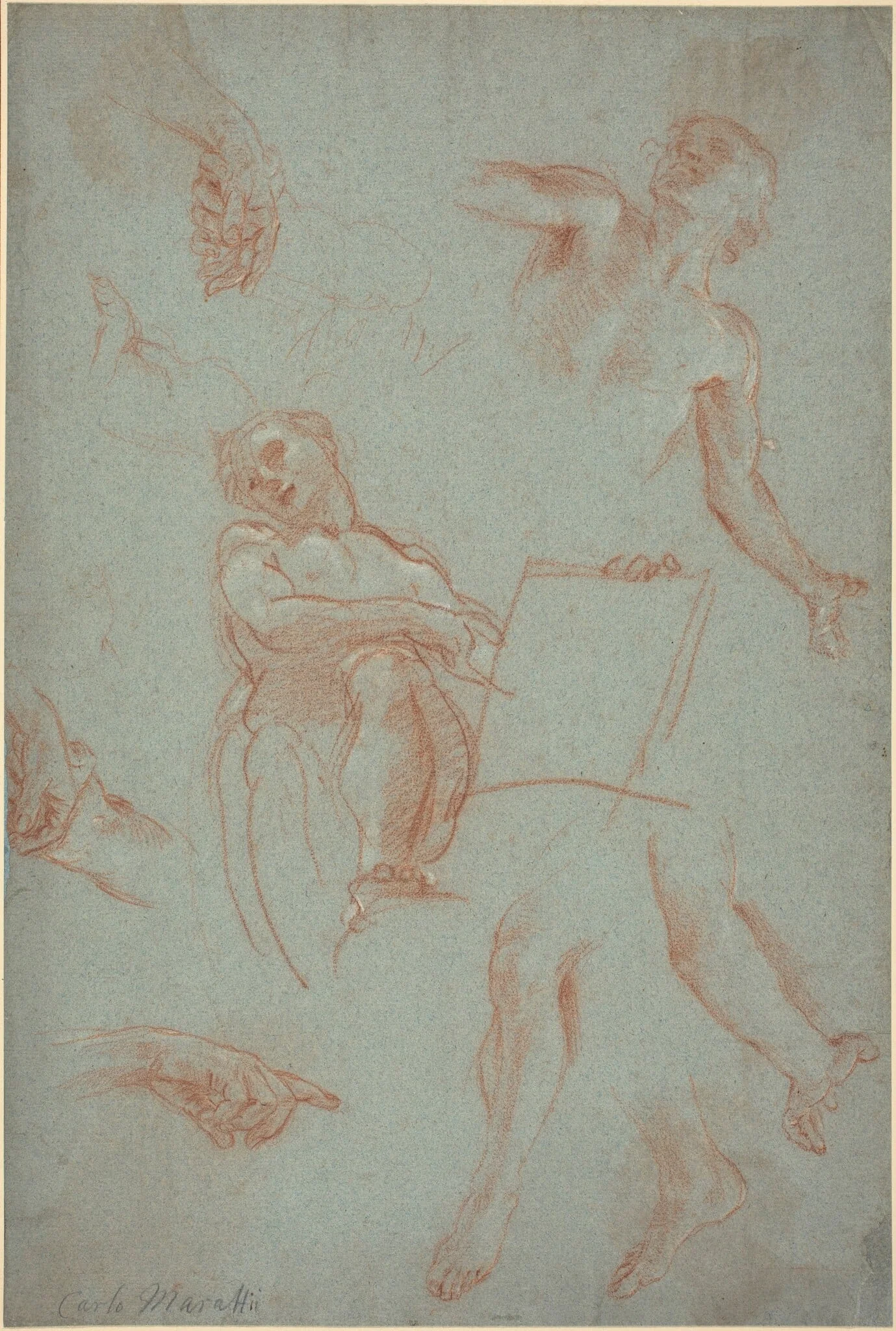 Sheet of Studies with Figures, Hands, and Feet, by Agostino Masucci, chalk, 1669