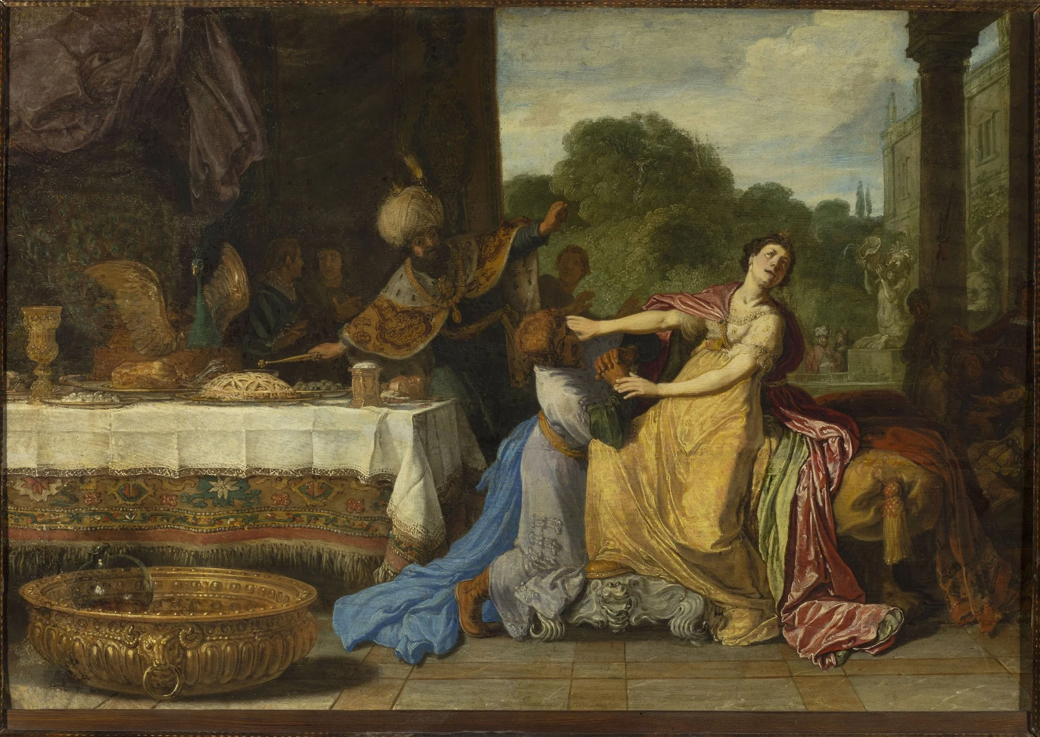 Haman begging the mercy of Esther (Esther 7:6-7)