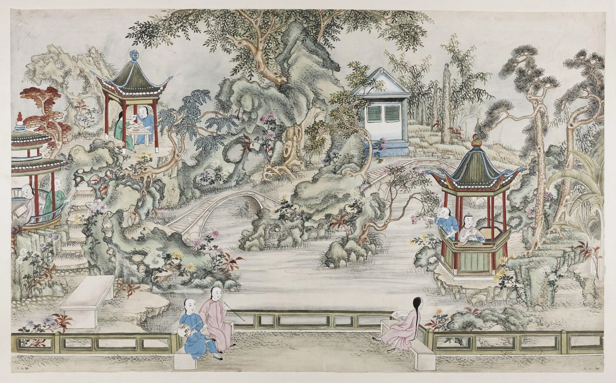 Pavilions in lake area, by Unknown, paint, 1880