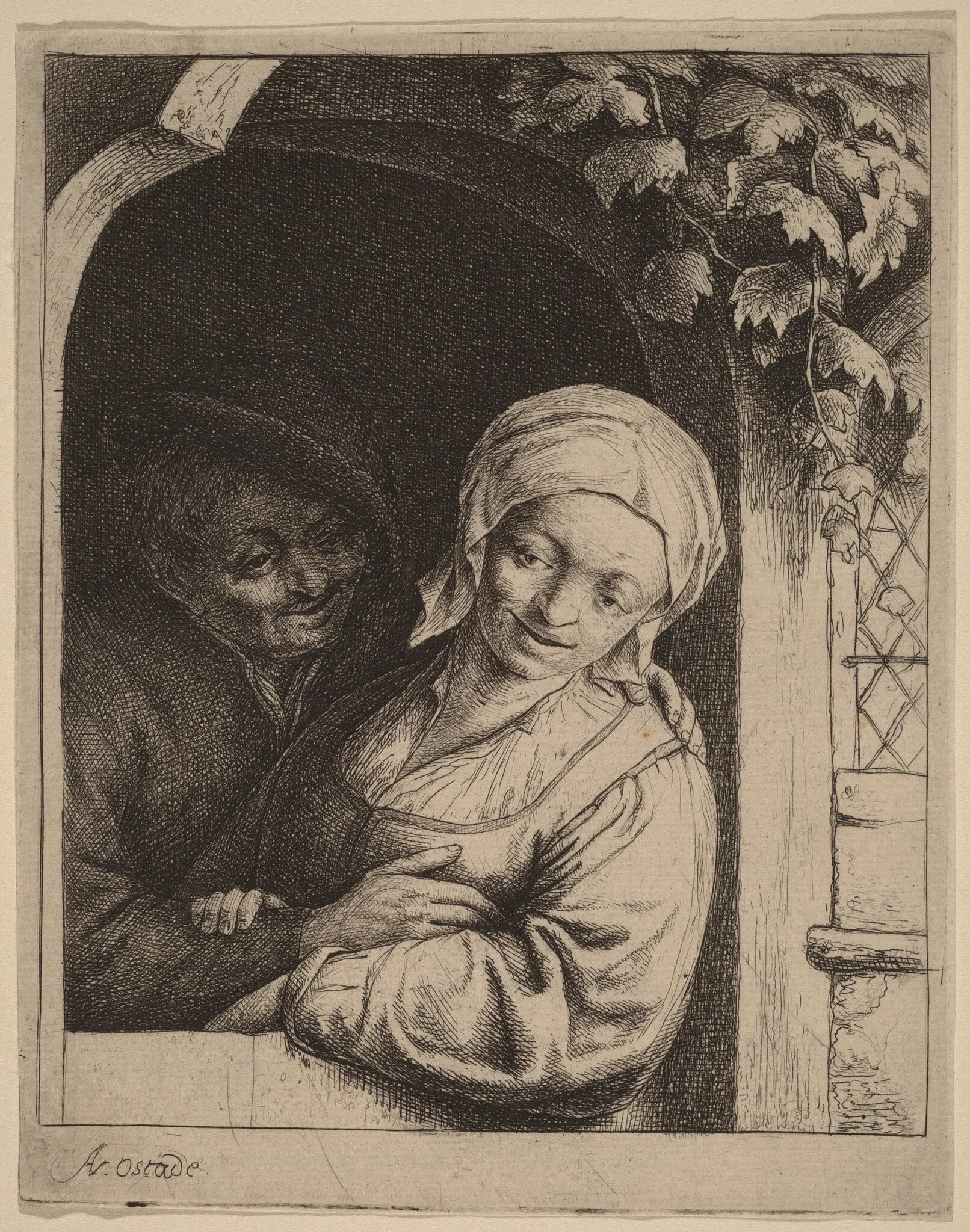 Peasant Couple in a Doorway, by Adriaen van Ostade, ink, 1652