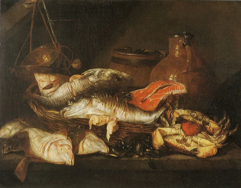 Fish in a Basket near a Scale, by Abraham van Beijeren, oil, 1655