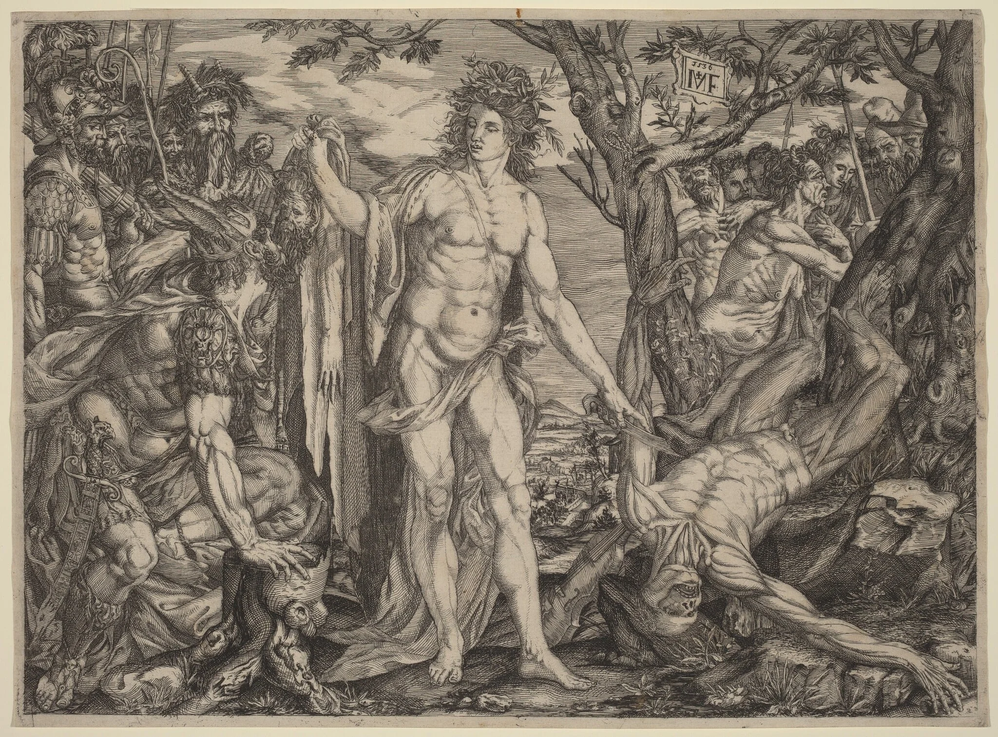 Apollo and Marsyas, by Master MF, ink, 1536