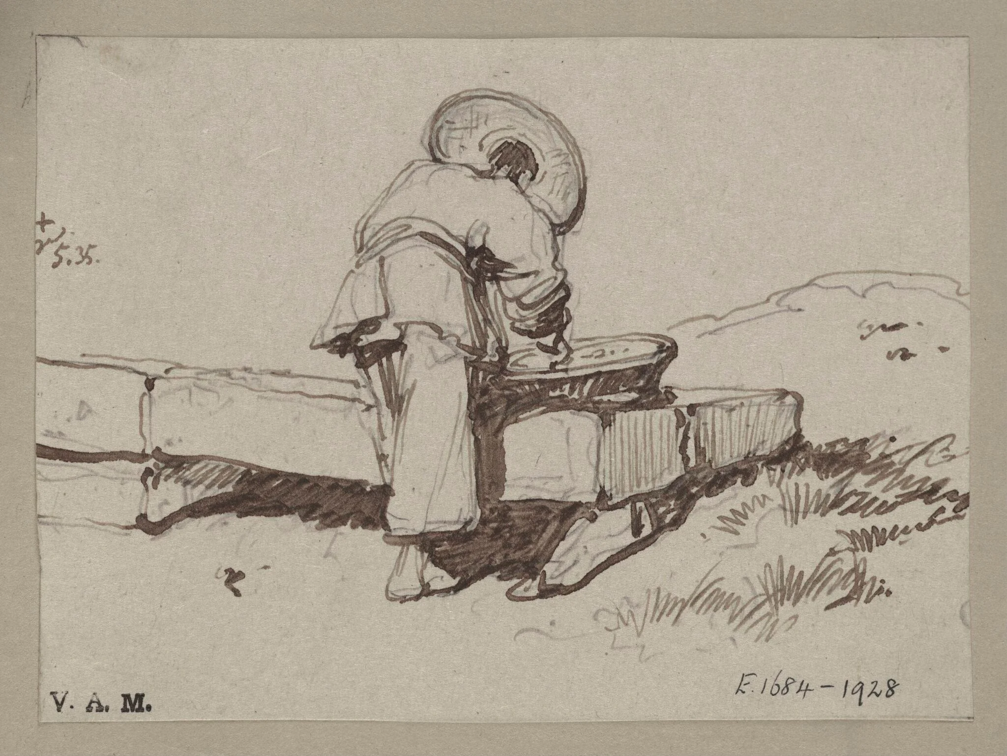 A Chinese man leaning over a basket placed on a stone block, by George Chinnery, 4