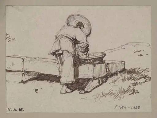 A Chinese man leaning over a basket placed on a stone block