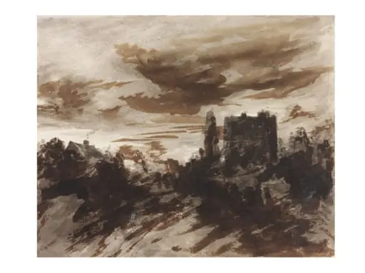 A house, cottage and trees by moonlight