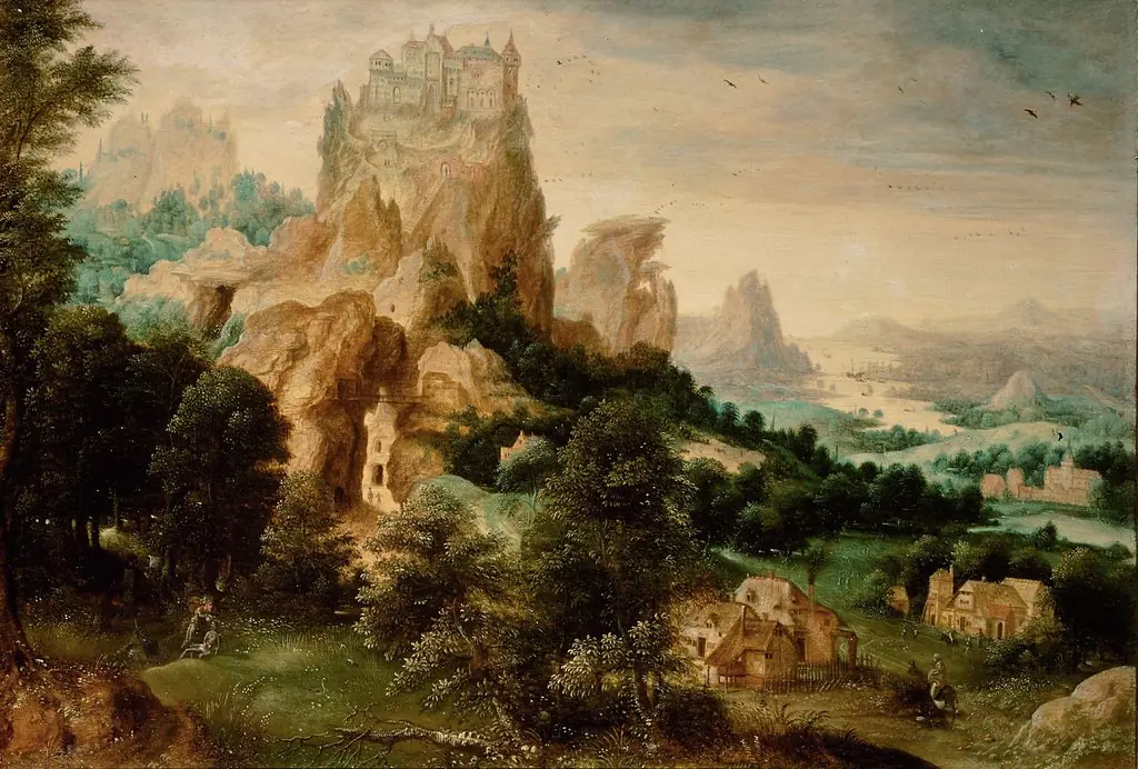 Hilly landscape with the story of the Good Samritan  (Luke 10:25-37)
