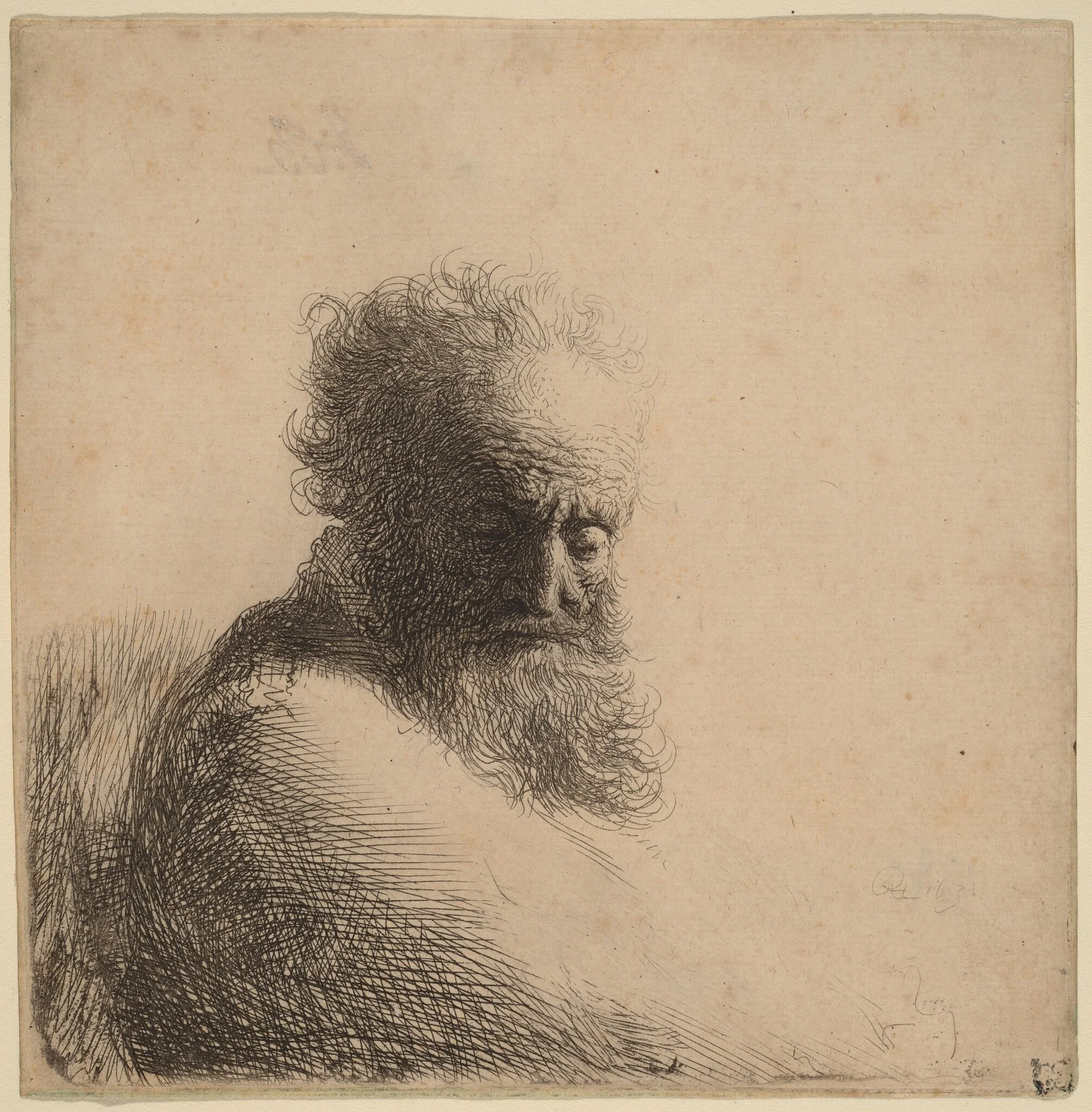 Bust of an Old Bearded Man, Looking Down, Three Quarters Right, by Rembrandt, ink, 1631