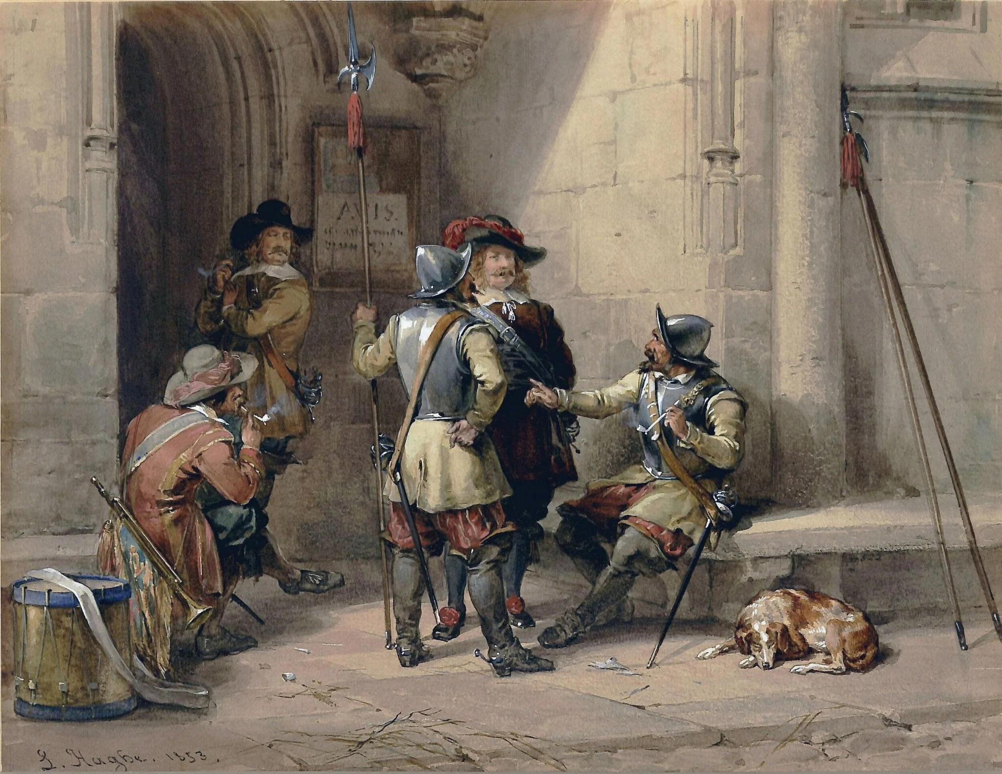 A Guard Room, by Haghe, watercolor, 1853