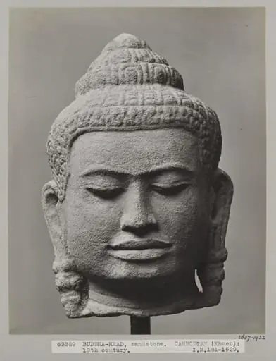 Cambodian Bayon style sandstone sculpture of head of Buddha, 10th century A.D., V&A Museum, London