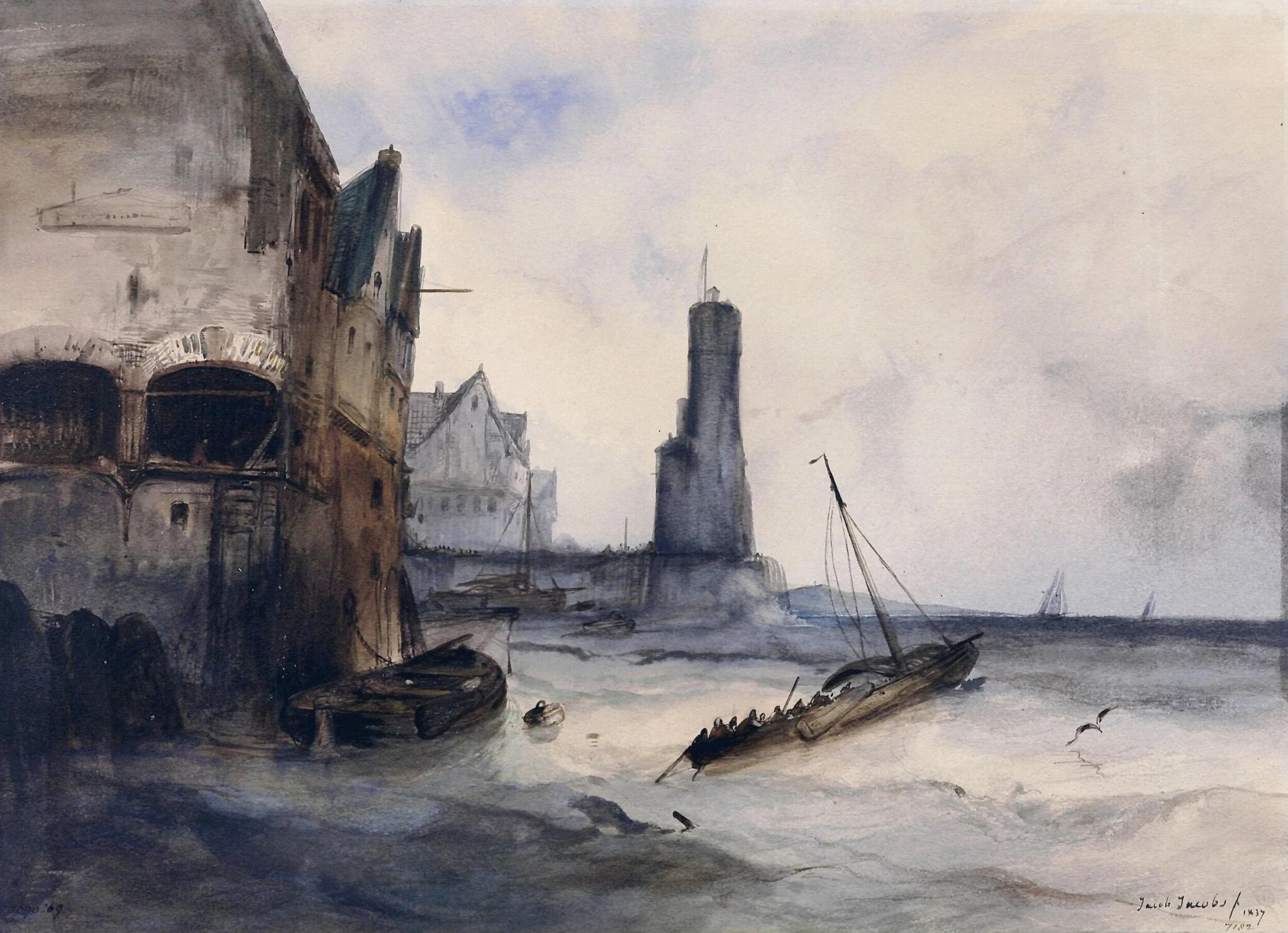A Seaport, by jacob jacobs, watercolor, 1837