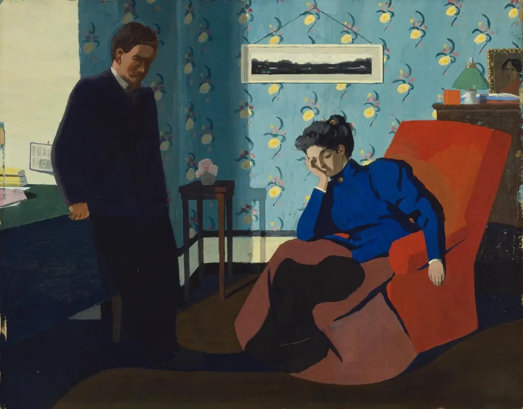 Interior with red armchair and figures