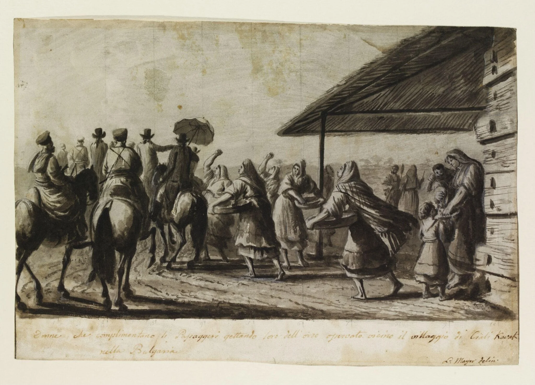 Women greeting travellers by throwing barley to them, observed near the village of Ciala Kavak [Kawak] in Bulgaria