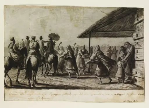 Women greeting travellers by throwing barley to them, observed near the village of Ciala Kavak [Kawak] in Bulgaria