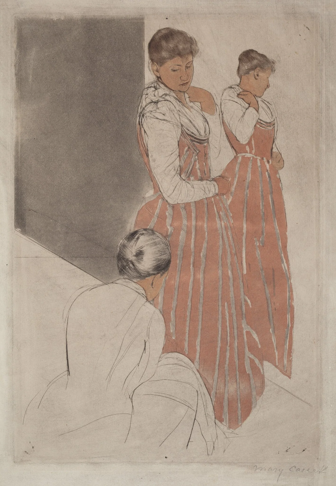 The Fitting, by Mary Cassatt, ink, 1890