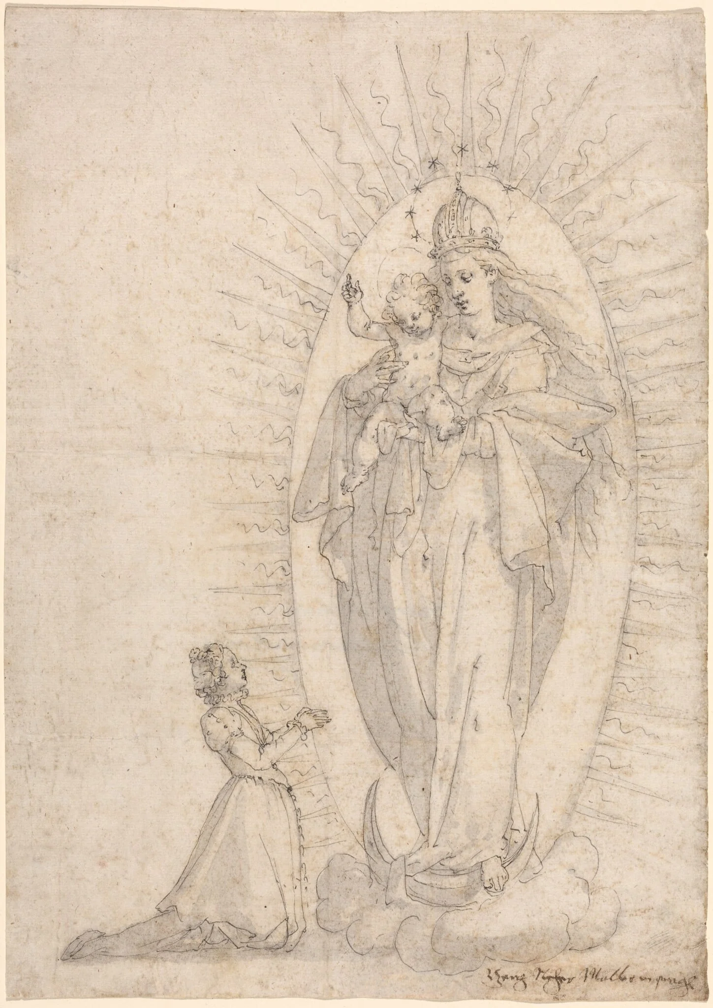 Madonna and Child Appearing to a Supplicant, by Georg Neher, ink, 1600