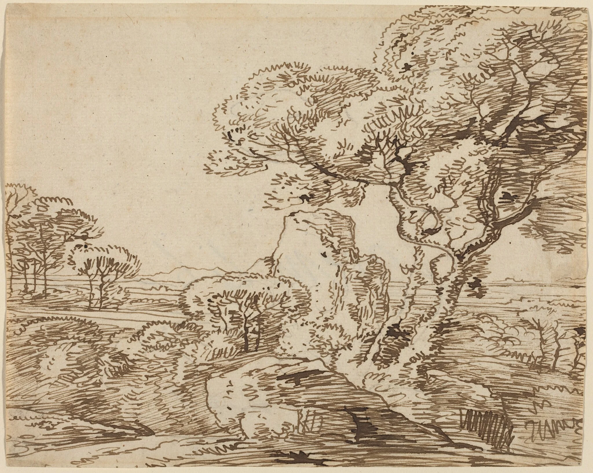 Landscape with Trees and Craggy Rocks, by Franz Innocenz Josef Kobell, ink, 1786