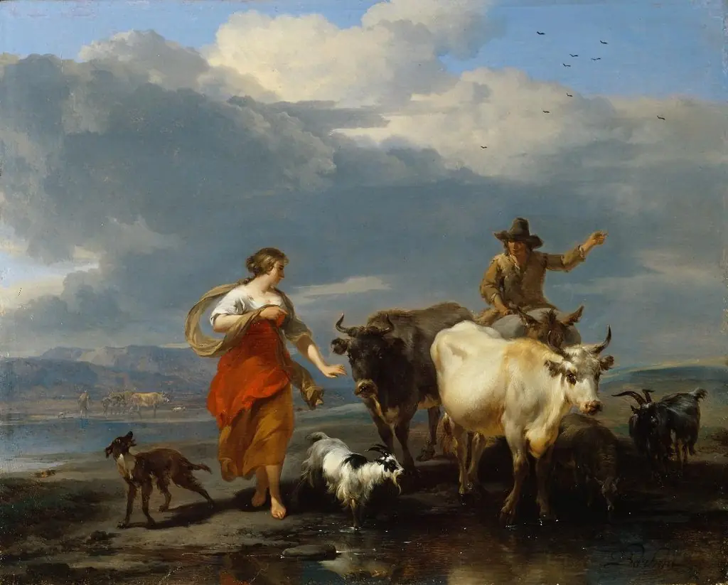 Southern Landscape with Shepherdess and Mule-rider at a Ford