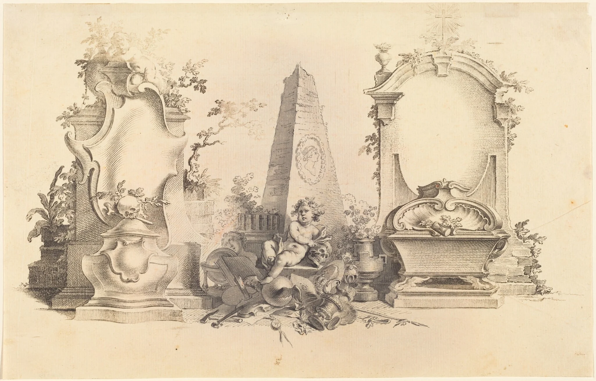 Cartouche Moderne with Emblems of Death, by Johann Esaias Nilson, chalk, 1754