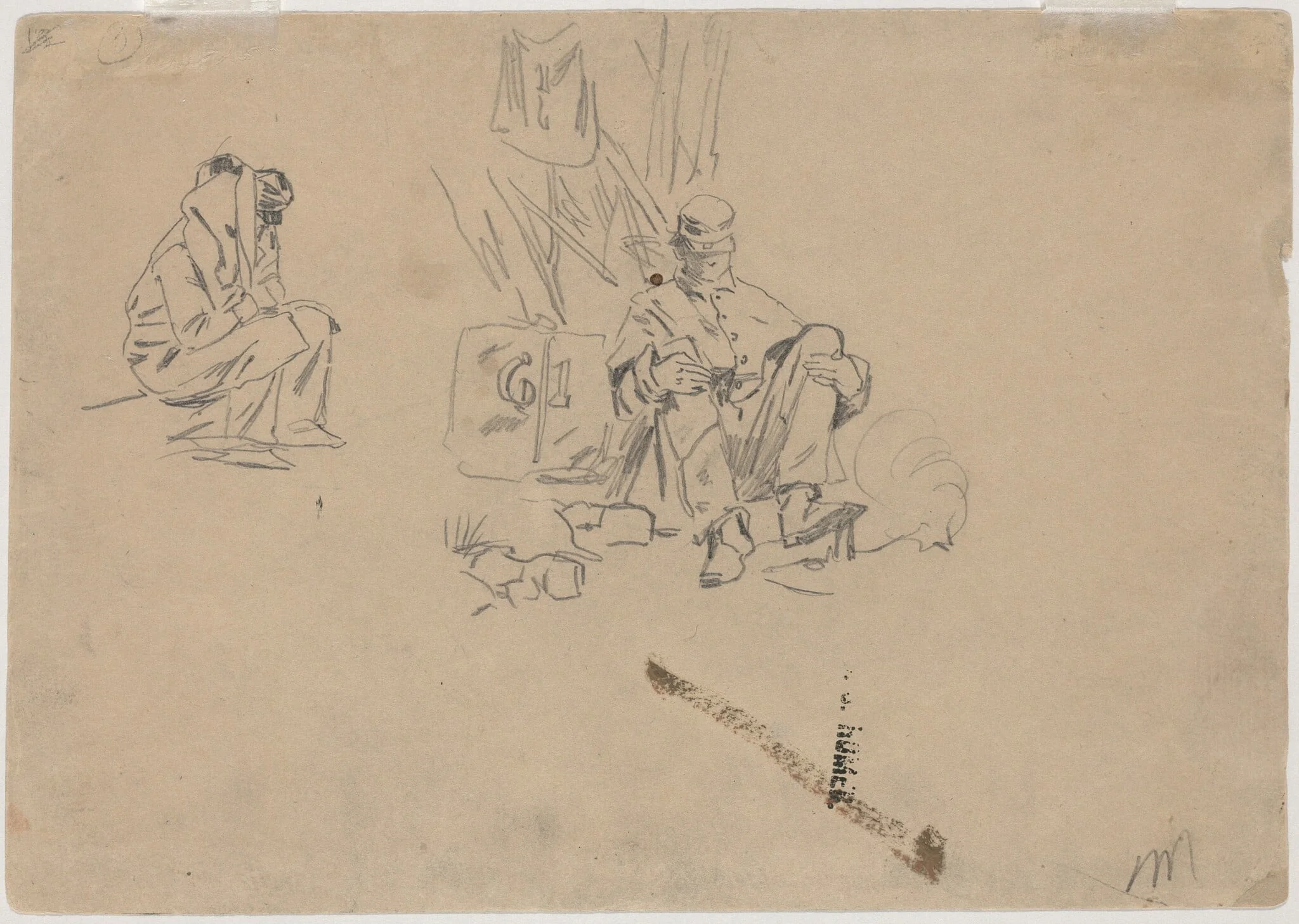 Two Soldiers Resting [verso], by Winslow Homer, graphite, 1862